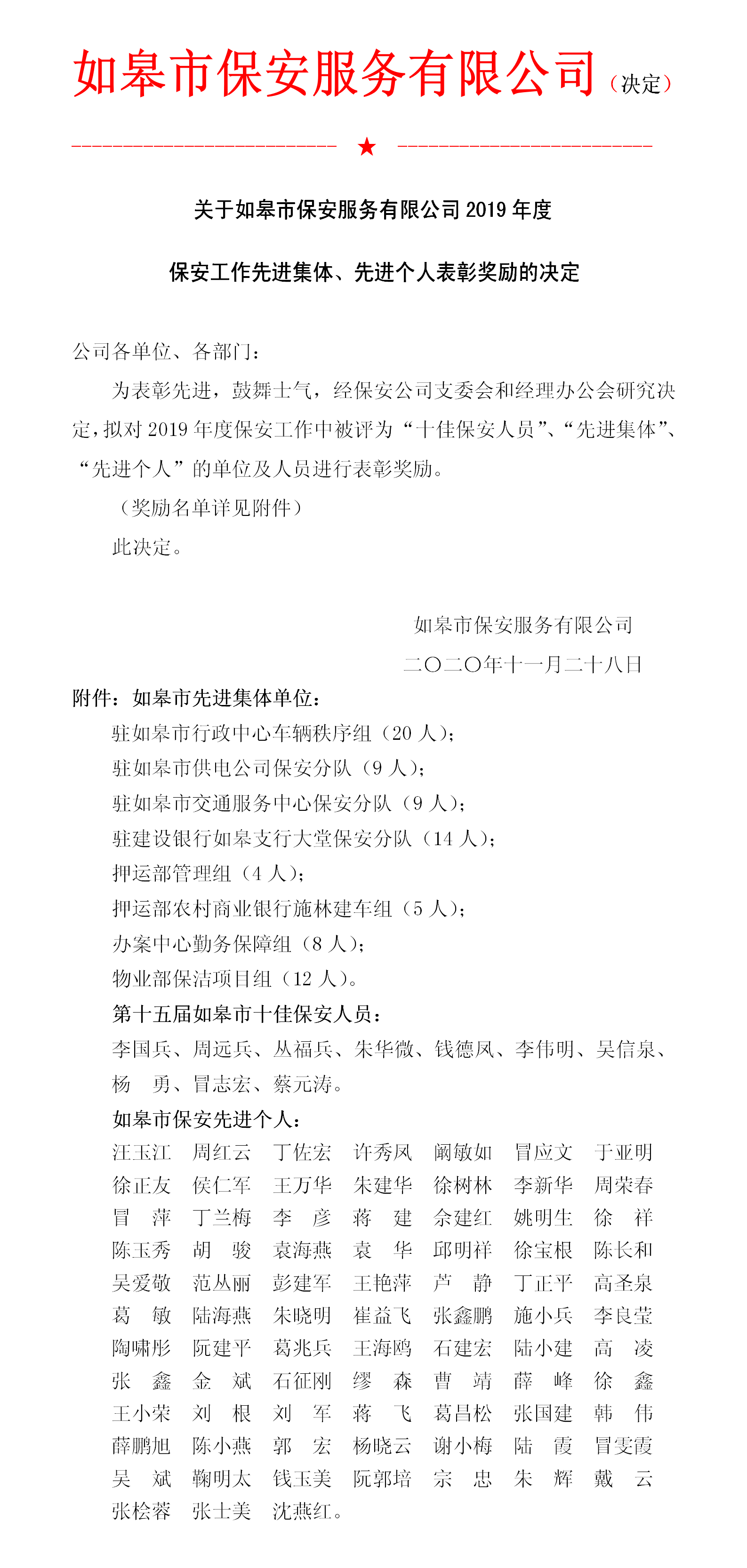 關(guān)于如皋市保安服務(wù)有限公司2019年度 保安工作先進(jìn)集體、先進(jìn)個(gè)人表彰獎勵的決定